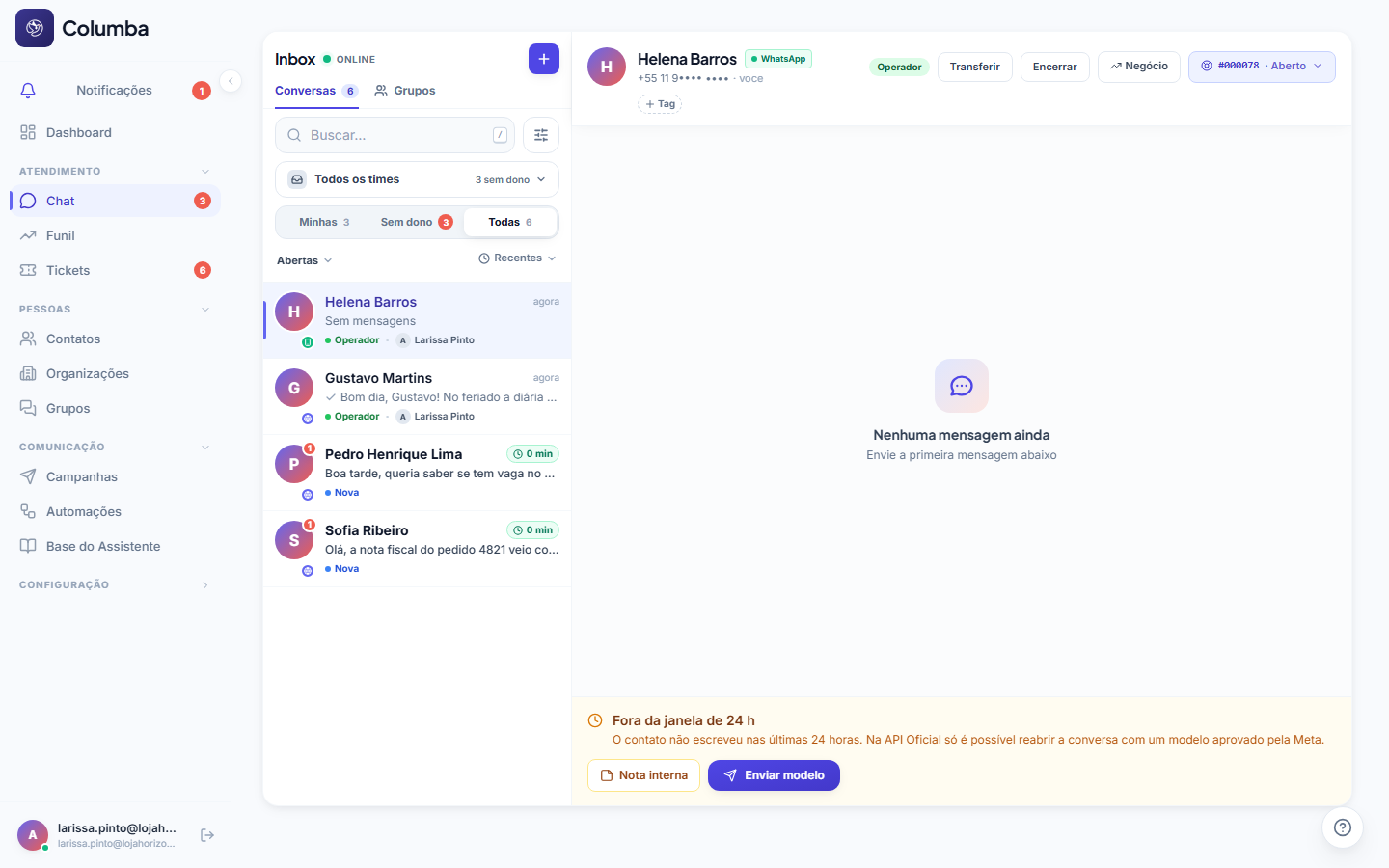 Cabeçalho da conversa com o chip do ticket ativo