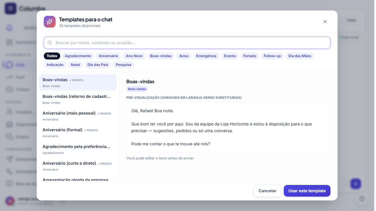 Seletor de templates dentro da conversa, com filtros por ocasião e prévia com as variáveis resolvidas