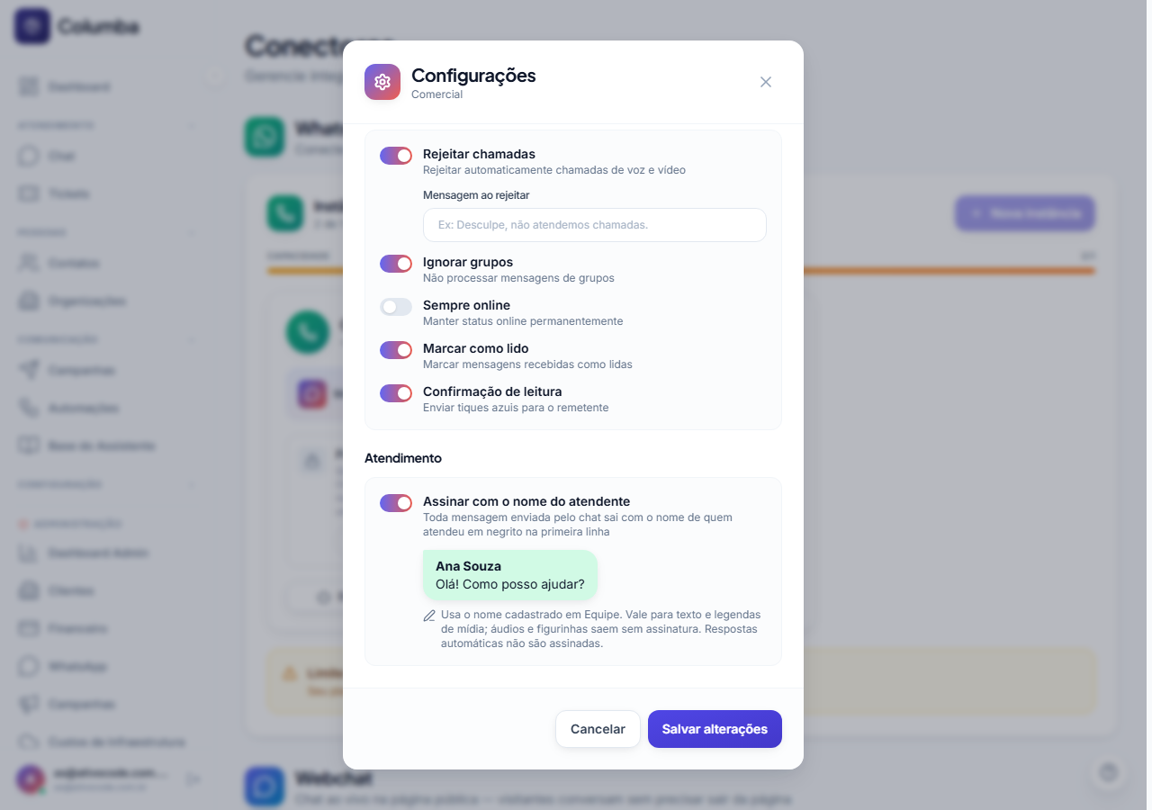 Configurações do conector: opção Assinar com o nome do atendente, com prévia da mensagem