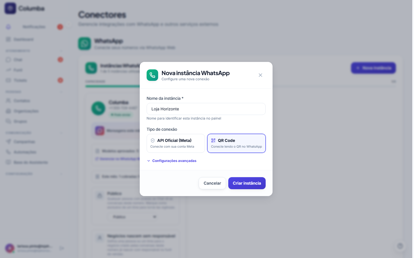 Janela Nova instância WhatsApp do Columba com as opções API Oficial (Meta) e QR Code