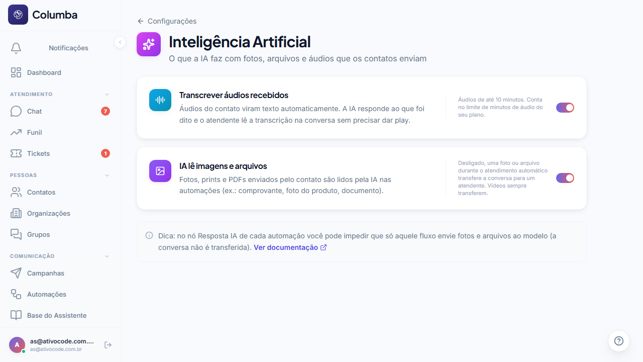 Configurações › Inteligência Artificial: transcrever áudios recebidos e IA lê imagens e arquivos