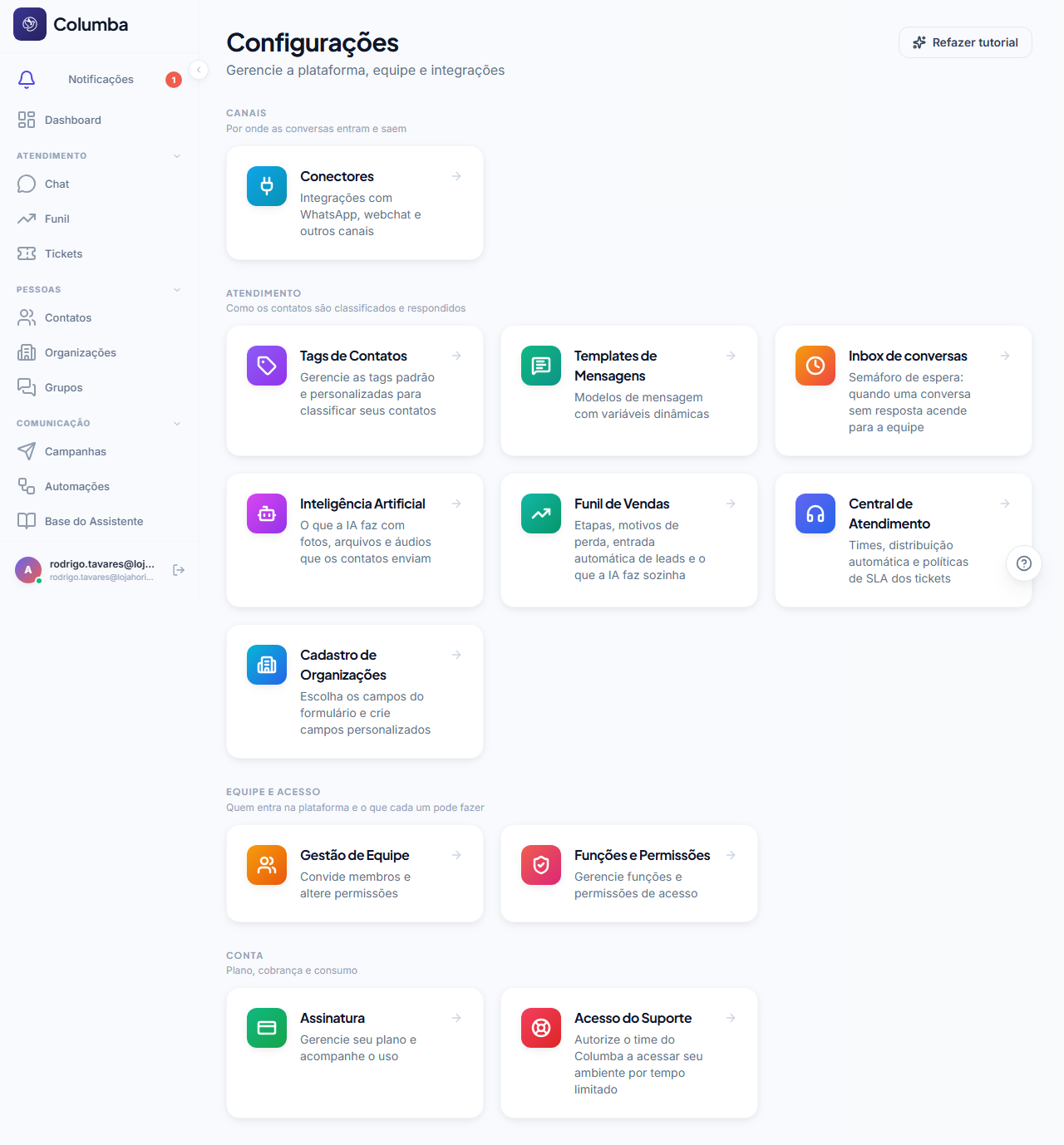 Configurações: canais, atendimento, equipe e acesso, conta