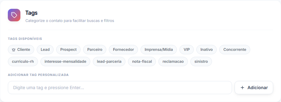 Cadastro do contato: tags disponíveis do catálogo e campo para tag personalizada