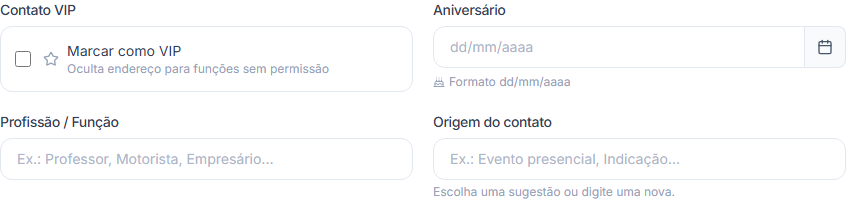 Cadastro do contato com o campo Aniversário no formato dd/mm/aaaa