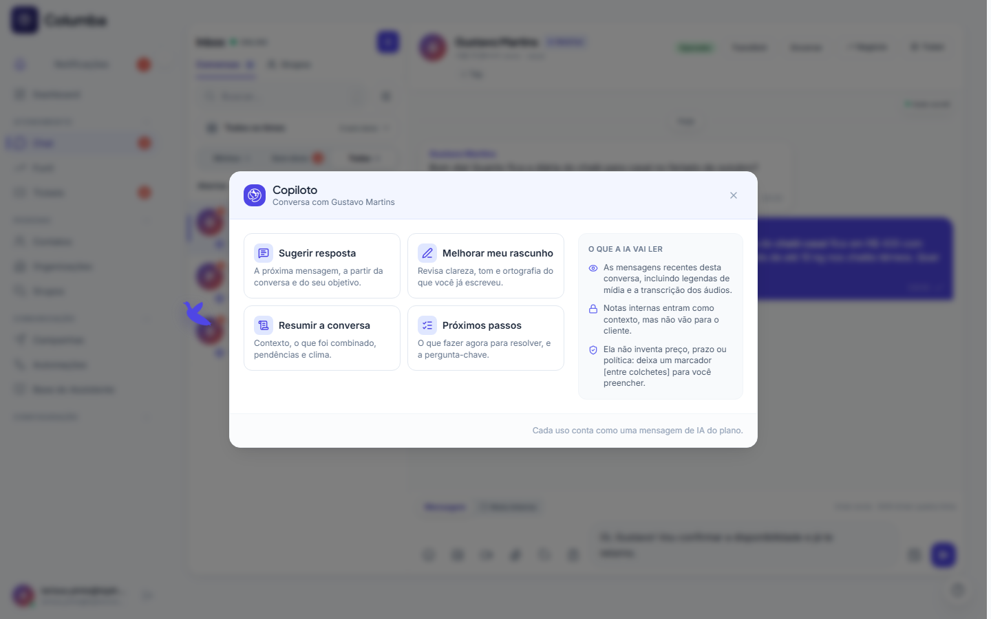 O modal do Copiloto com os quatro cards de ação e o painel "O que a IA vai ler"