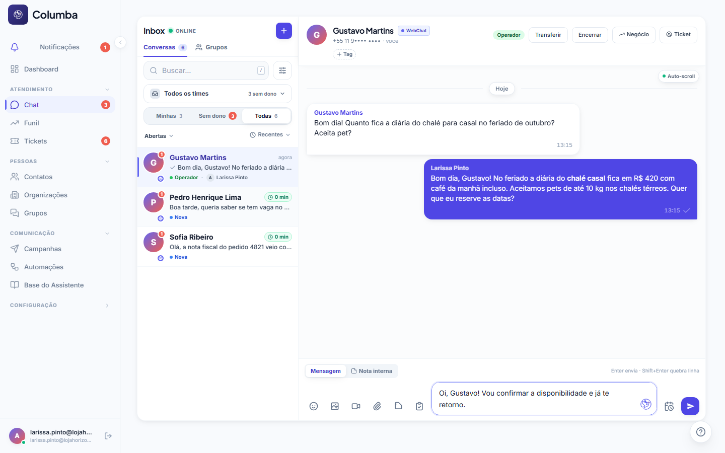 A pomba do Copiloto dentro do campo de mensagem do Inbox