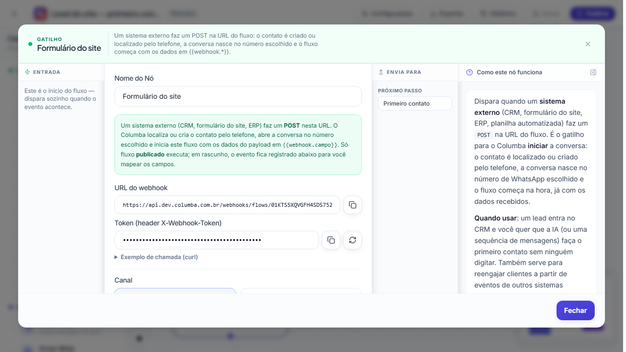 Gatilho Webhook no editor: URL, token e o painel de configuração
