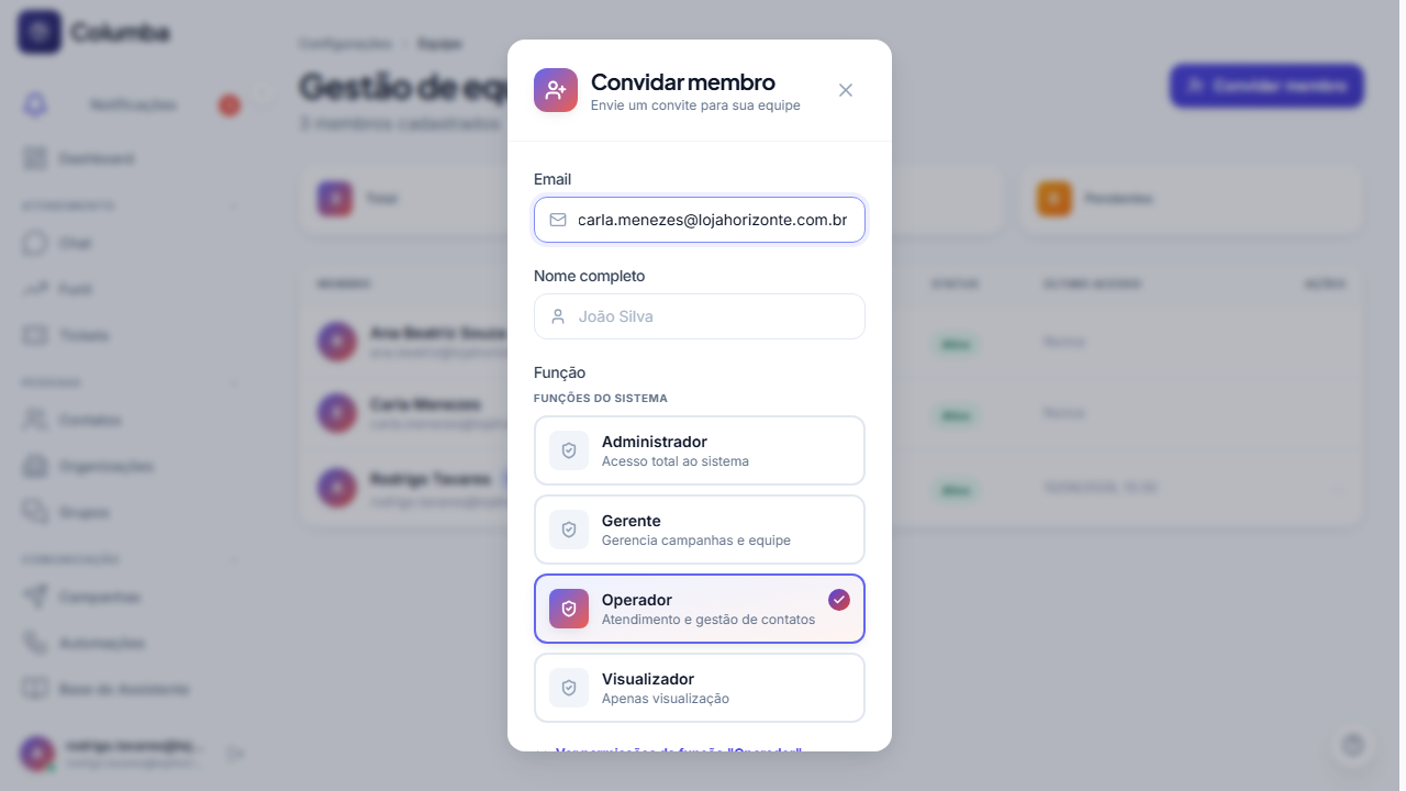 Convidar membro: e-mail, nome, função e o link para ver as permissões