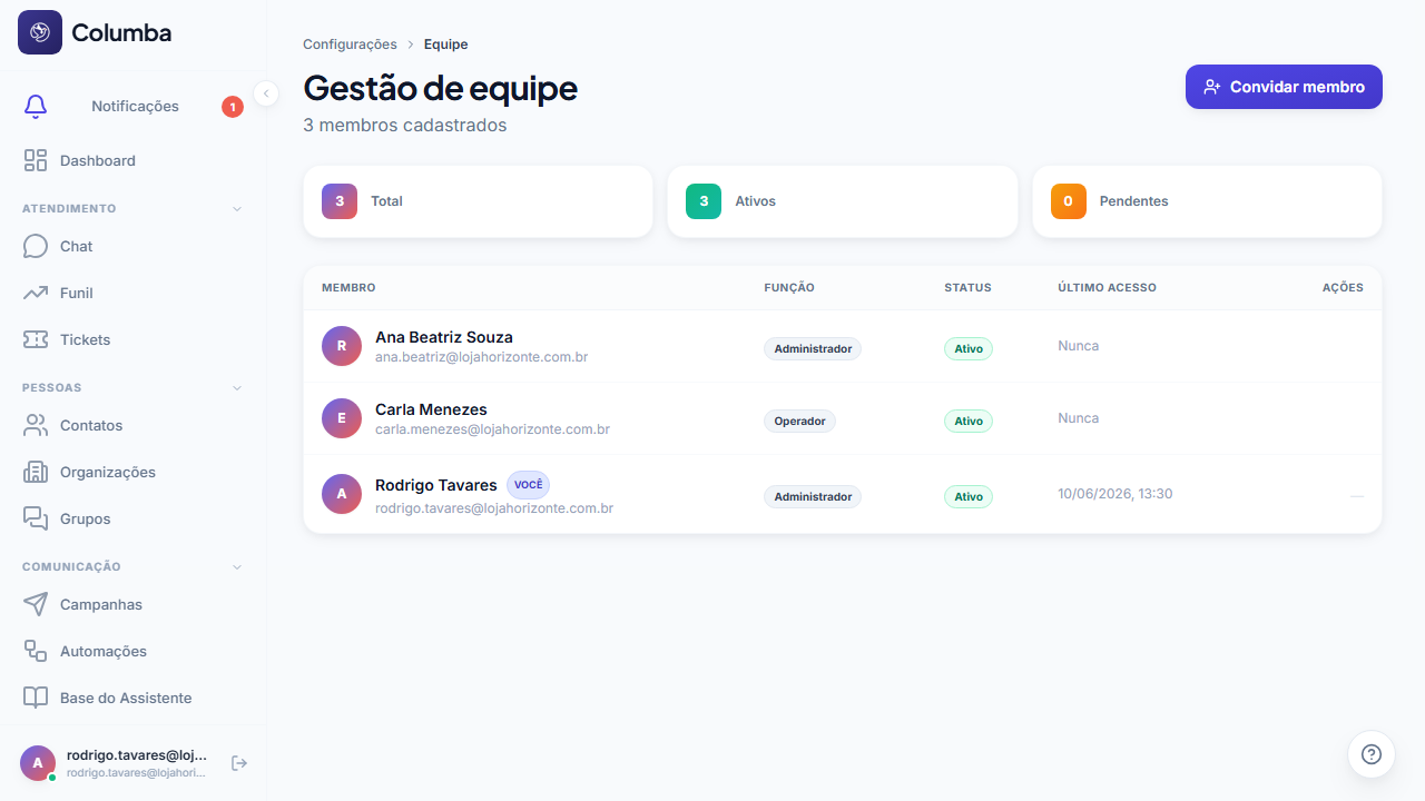 Gestão de Equipe: membros com função, status e último acesso