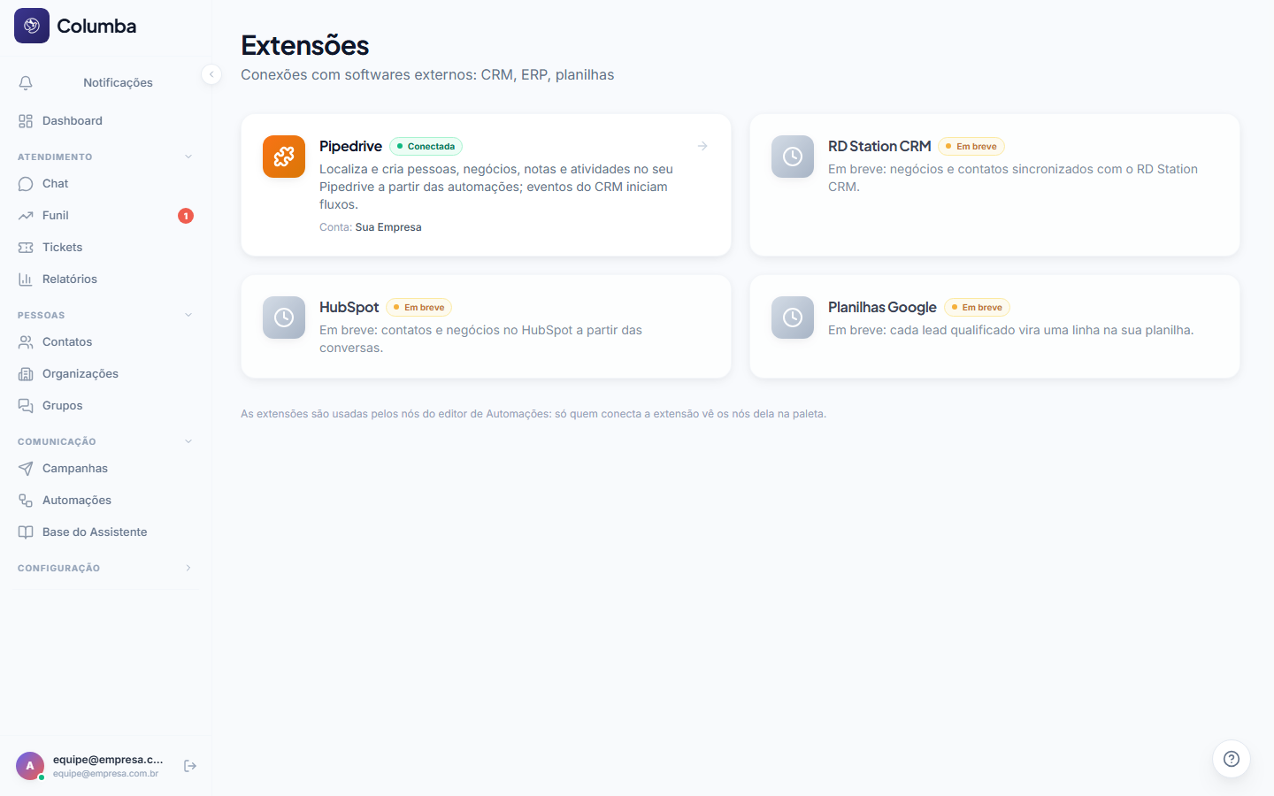 Configuração › Extensões, com o card do Pipedrive disponível e os próximos conectores no catálogo
