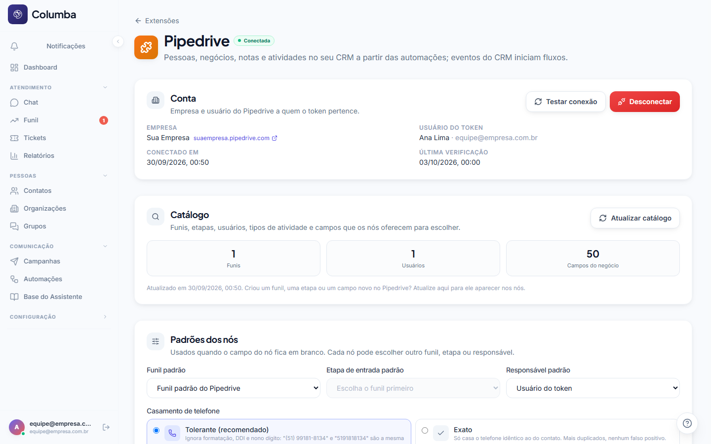 A página da extensão Pipedrive depois de conectada: conta, catálogo, padrões dos nós e webhook