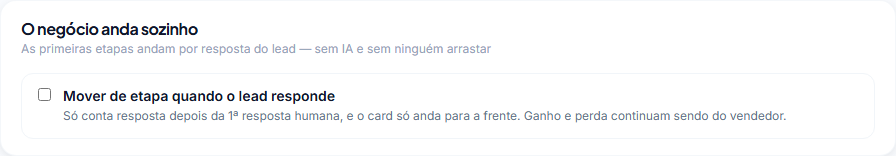 Seção "O negócio anda sozinho" nas configurações do funil
