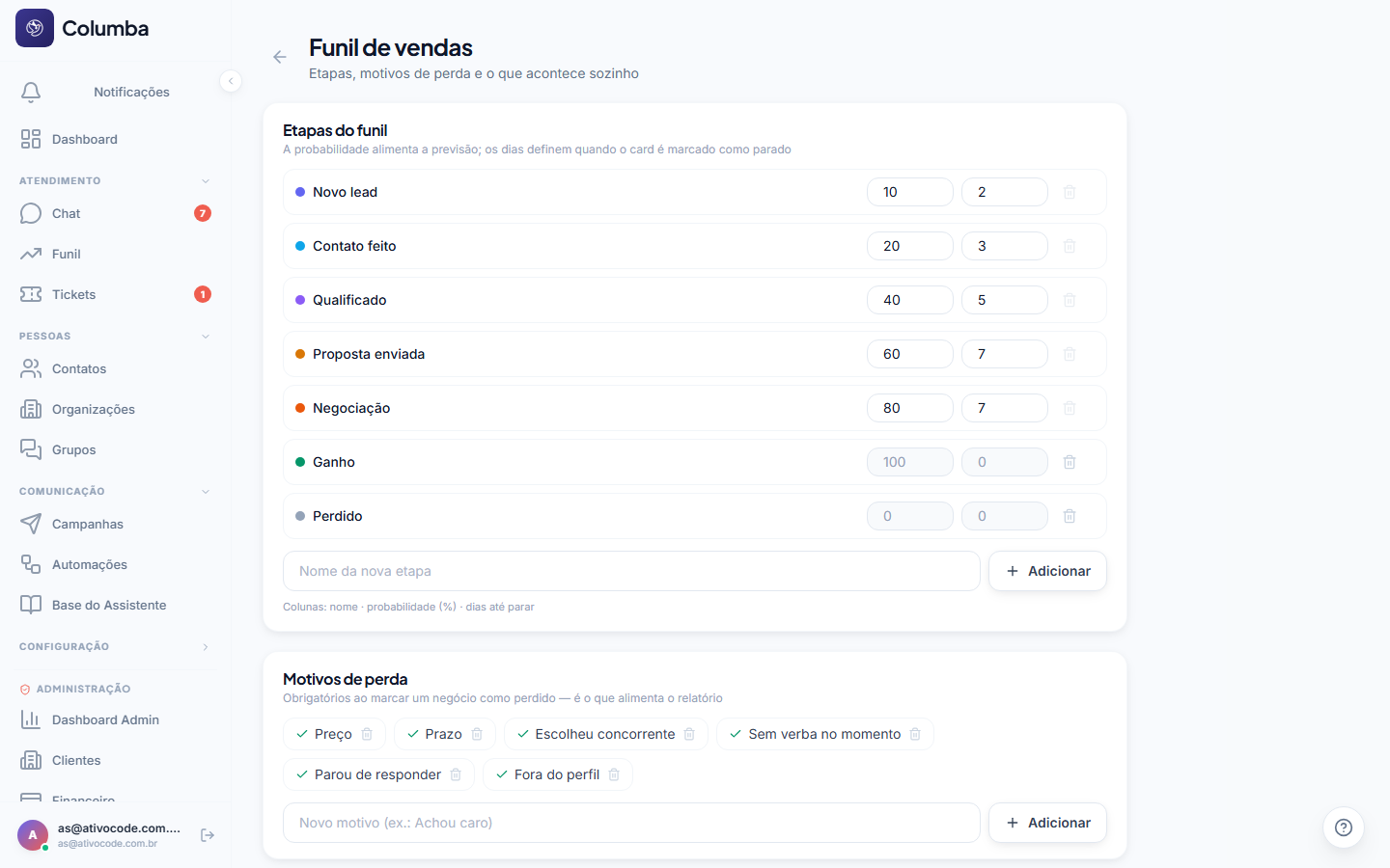 Configuração das etapas do funil: probabilidade e dias até o negócio ser considerado parado