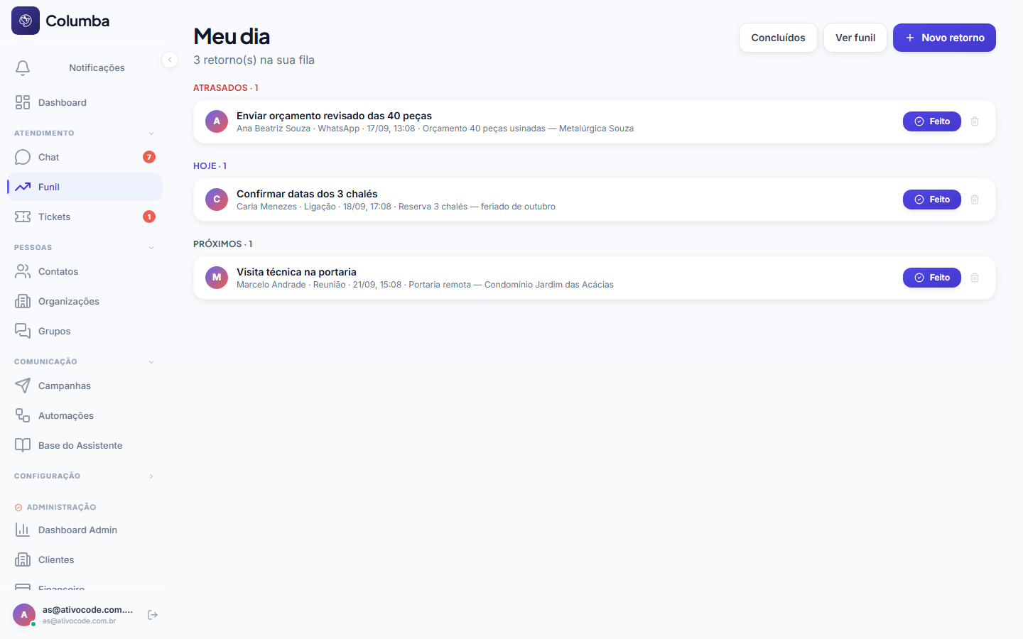 Meu dia: retornos atrasados, de hoje e próximos, cada um abrindo a conversa