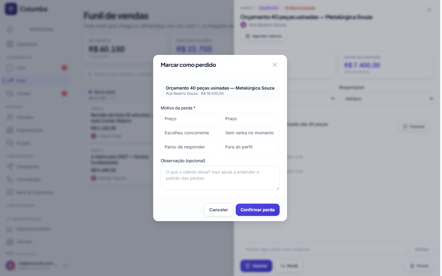 Marcar um negócio como perdido exige escolher o motivo do catálogo
