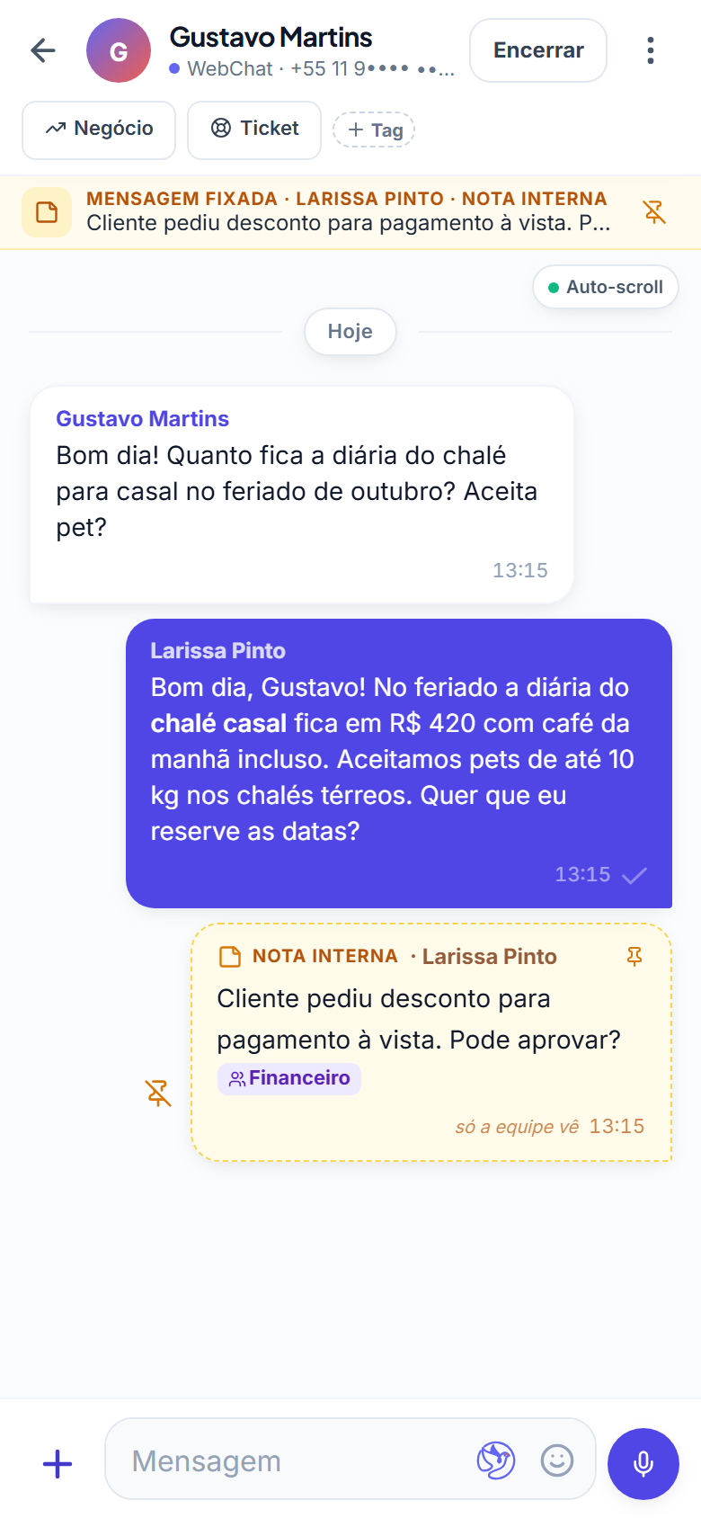 Conversa aberta no celular, com o cabeçalho de uma linha e a faixa de contexto