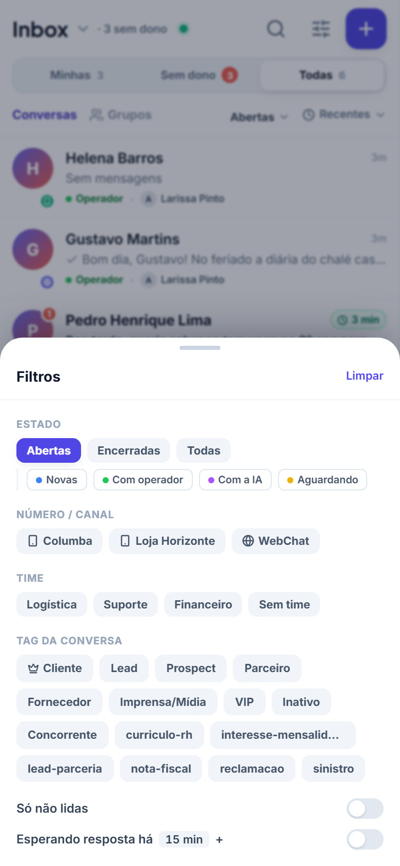 Folha de filtros aberta a partir da lista