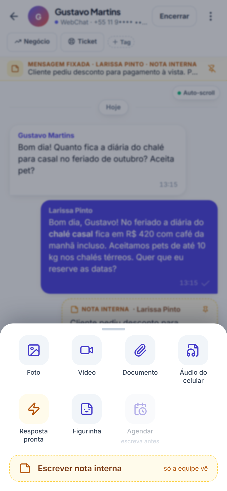 Folha do botão + com as opções de anexo, resposta pronta, agendar e nota interna