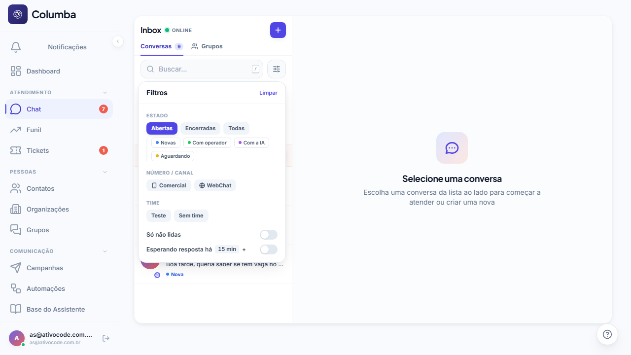 Popover de filtros com status, número, time e chips dos filtros ativos