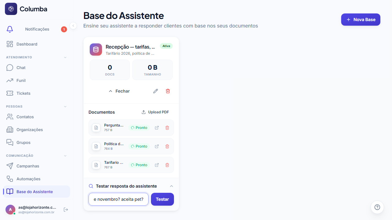 Painel de teste da base com a pergunta de um cliente digitada