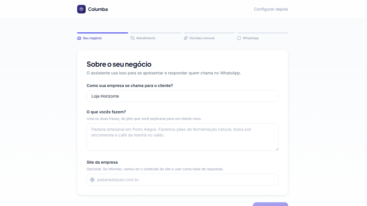Configuração inicial: os quatro passos, começando por Seu negócio