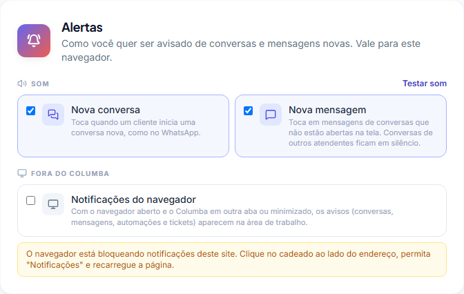 Meu perfil › Alertas: som de nova conversa e mensagem, notificações do navegador e botão de teste