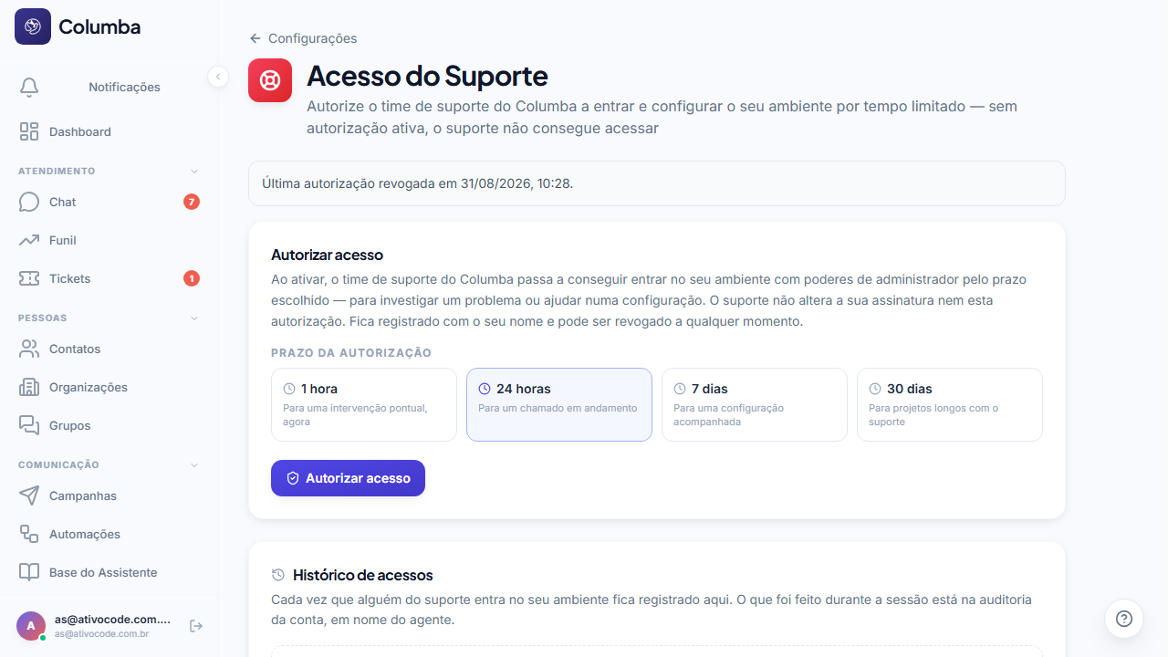 Configurações › Acesso do Suporte: autorização com prazo e botão Revogar acesso