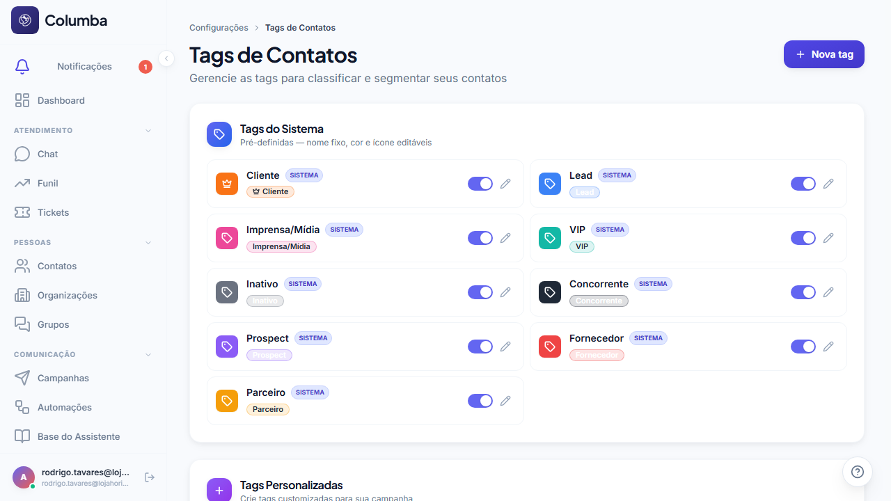Configurações › Tags de Contatos: tags do sistema e personalizadas com cor e ícone