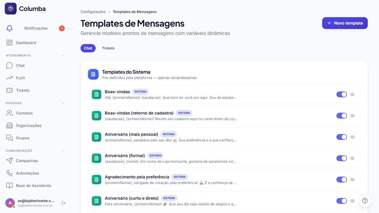 Configurações › Templates de Mensagens: templates do sistema e personalizados, com ocasião e categoria