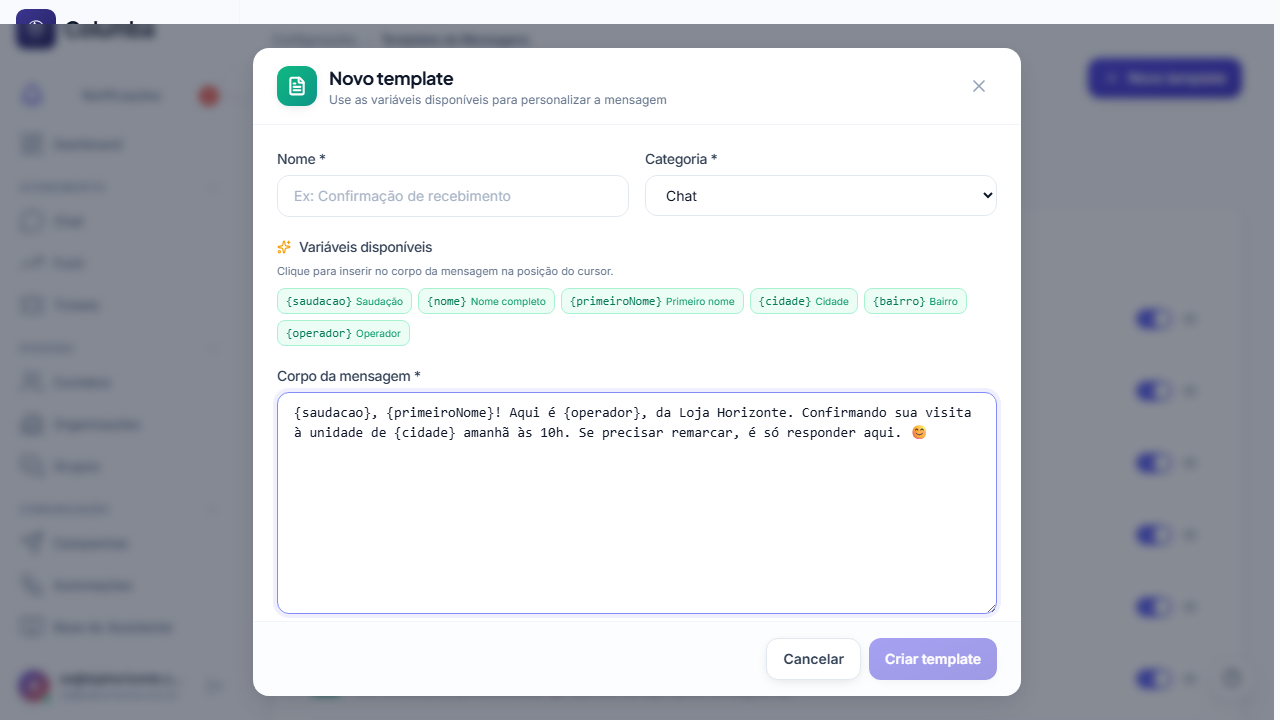 Novo template: corpo com variáveis de saudação, primeiro nome, operador e cidade, e prévia ao lado