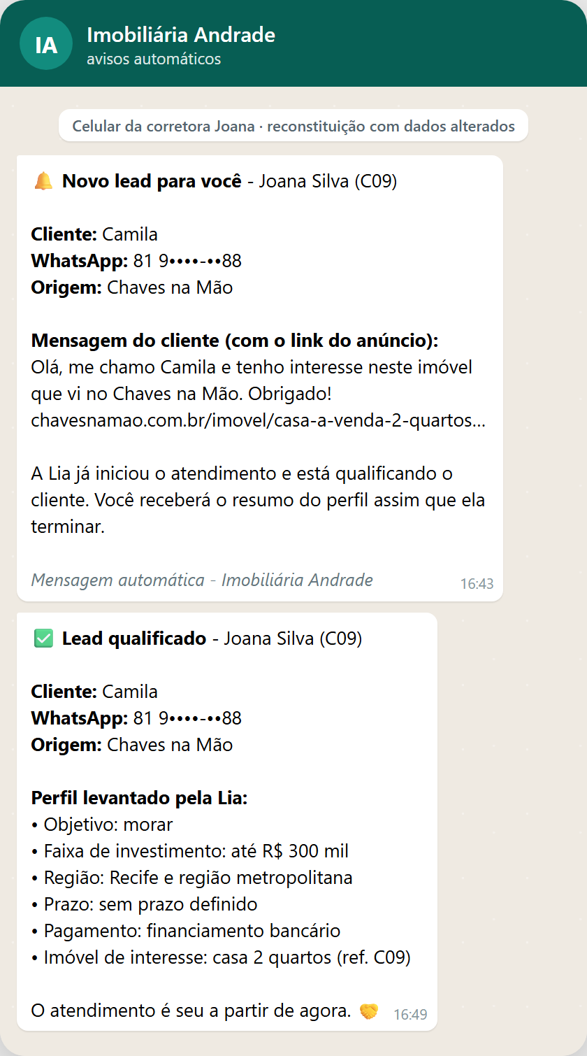 Avisos automáticos que o corretor recebe: novo lead no início e perfil completo no fim da qualificação