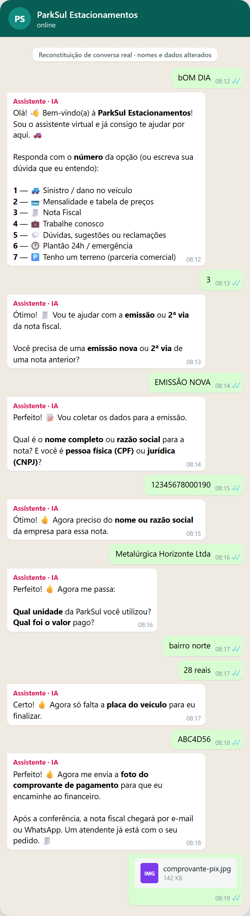 Reconstituição: emissão de nota fiscal coletada pela IA, do CNPJ ao comprovante