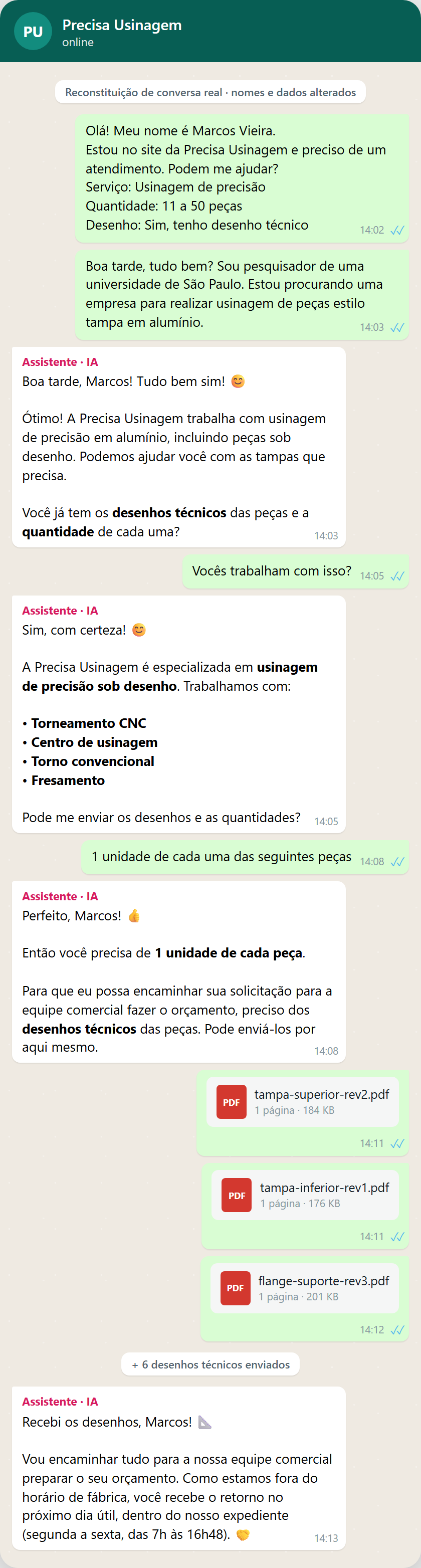 Reconstituição: a IA qualifica o pedido e coleta os desenhos técnicos em PDF