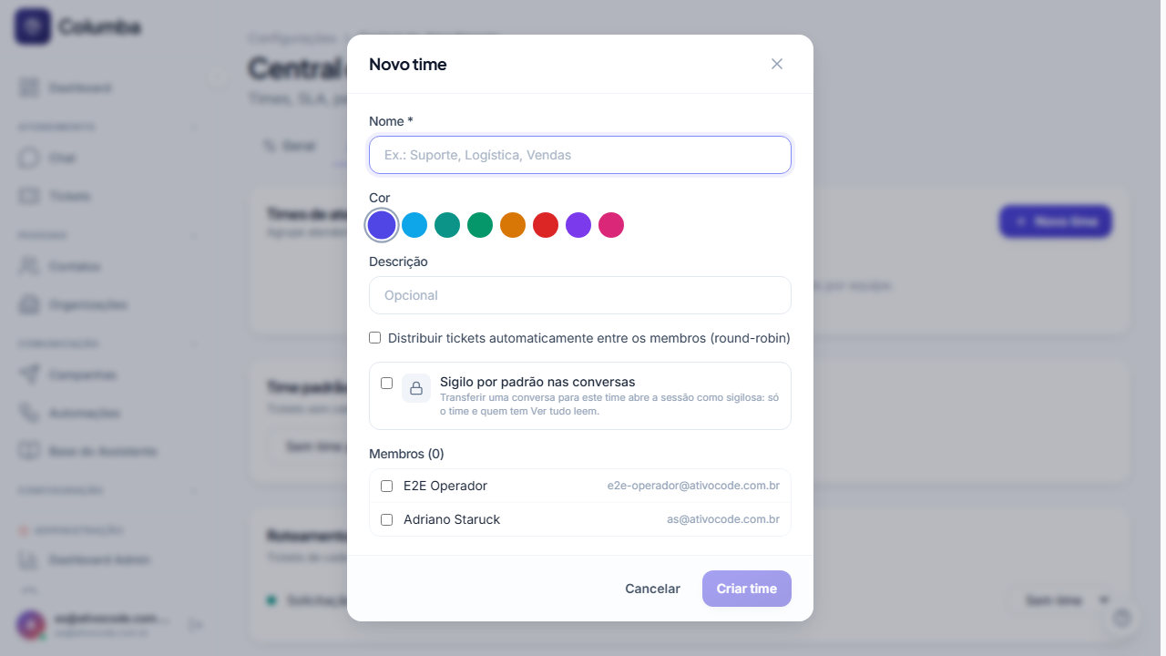 Cadastro de time com a opção Sigilo obrigatório nas conversas