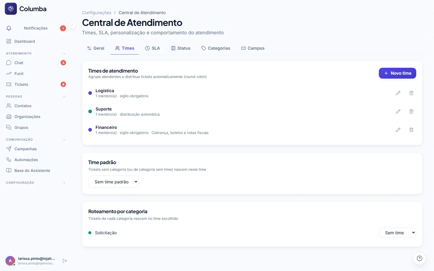 Central de Atendimento com os times cadastrados, membros e distribuição automática
