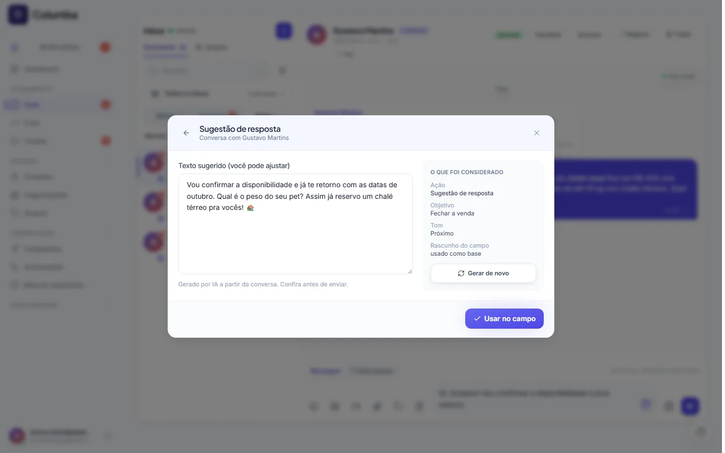 Modal do Copiloto com uma sugestão de resposta pronta para usar no campo de mensagem