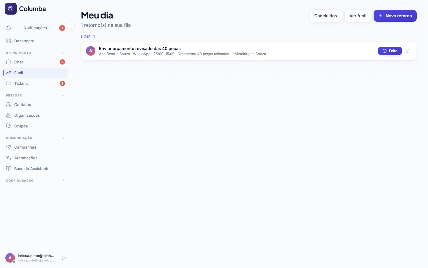 Tela Meu dia com os retornos agendados do vendedor para hoje