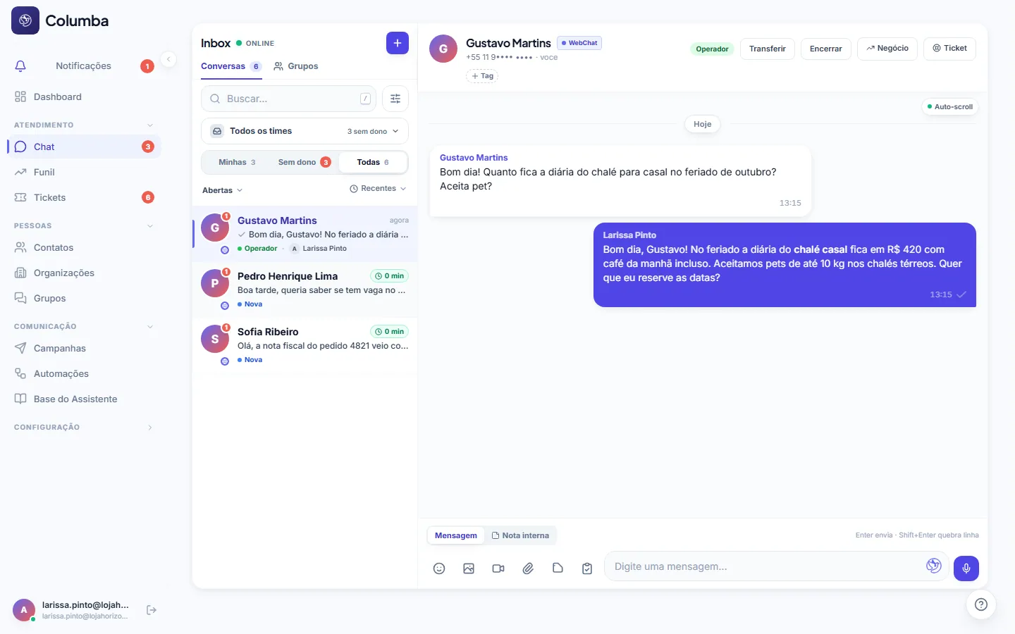 Inbox do Columba com uma conversa aberta, lista de conversas com filas e o campo de resposta