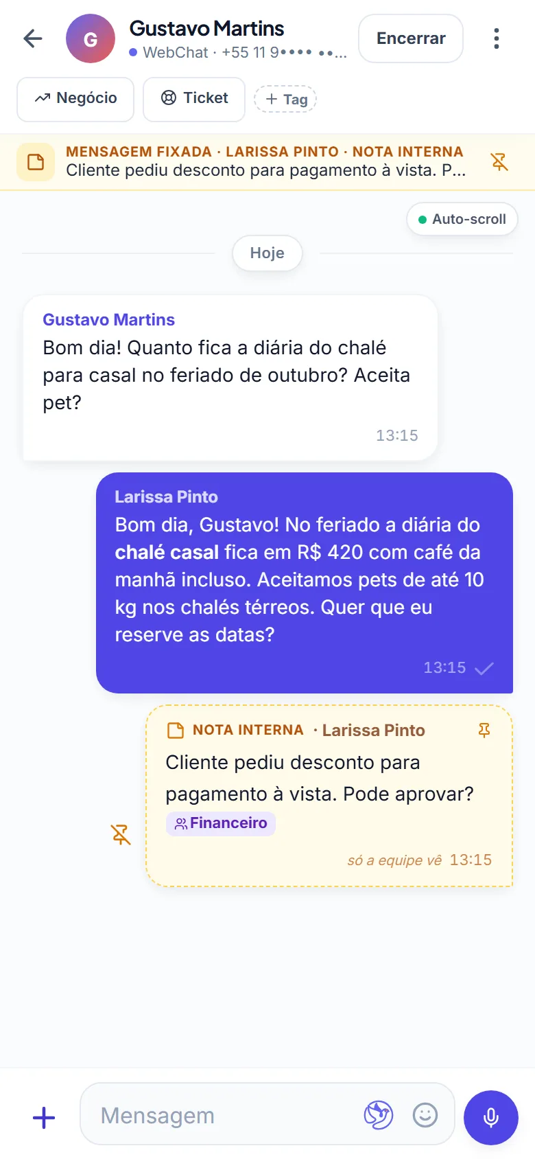 Inbox no celular com uma conversa aberta e o campo de resposta