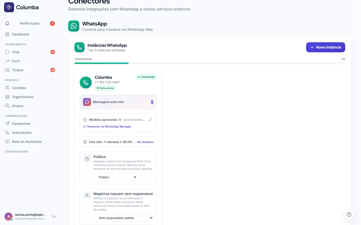 Card do número de WhatsApp com a visibilidade Exclusivo do time