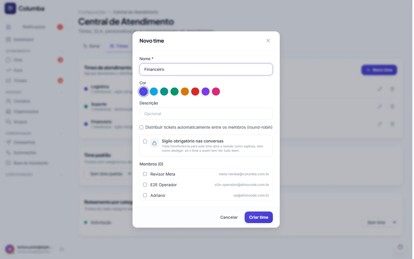 Cadastro de time com a opção Sigilo por padrão nas conversas