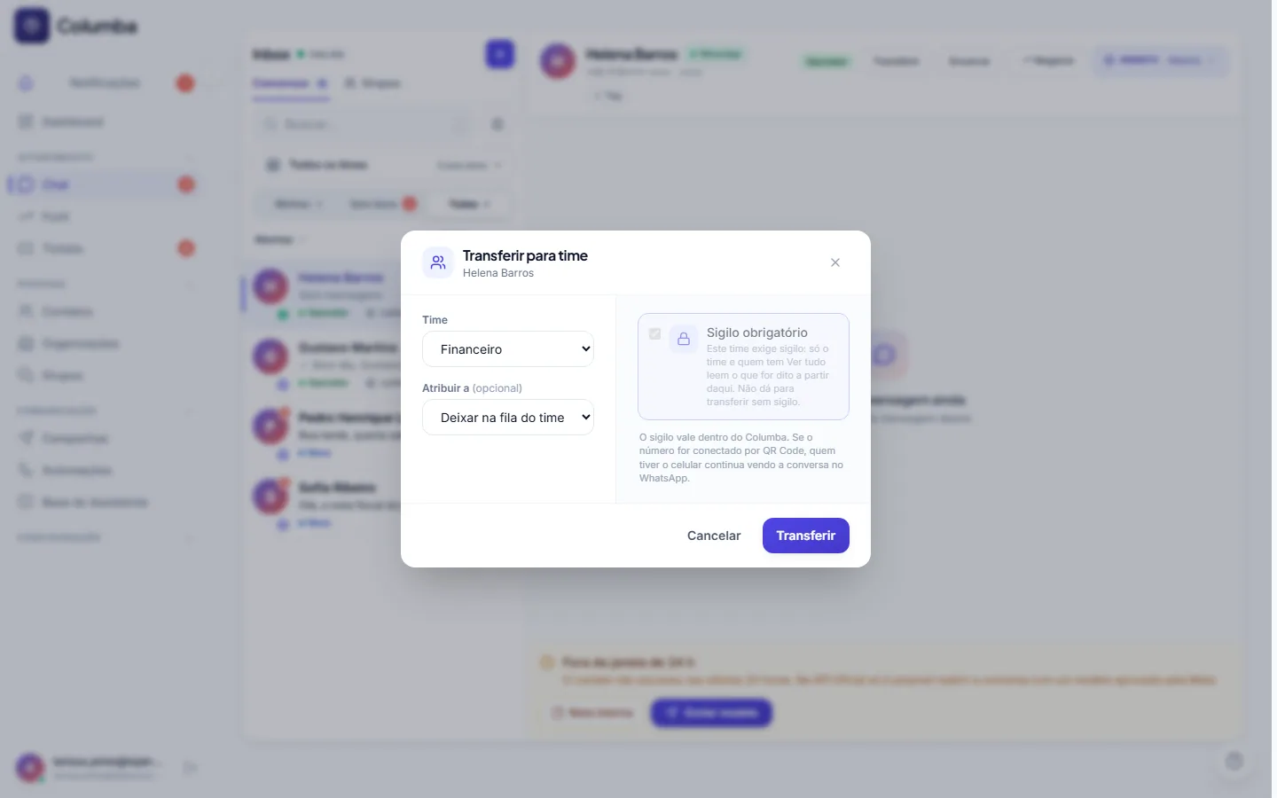Modal Transferir para time com a opção Sigilo marcada e o time Financeiro selecionado